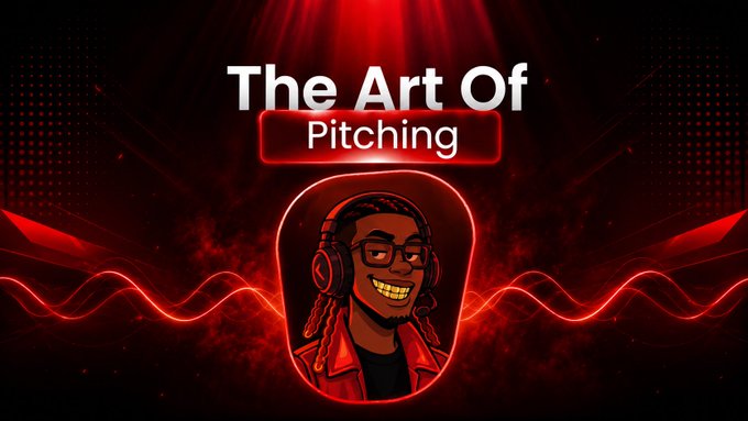 A stylized red and black graphic titled 'The Art Of Pitching' featuring a cartoon illustration of a smiling person with glasses, headphones, and a red jacket against a red glowing background with sound waves.