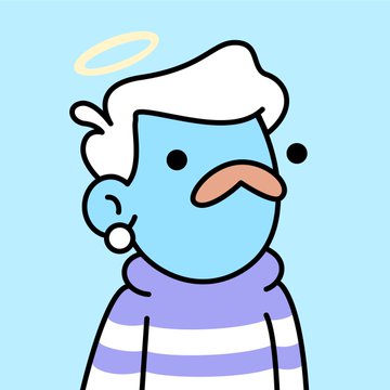 A cartoon illustration of a blue-skinned character with white hair, a halo, and a purple and white striped shirt against a light blue background.