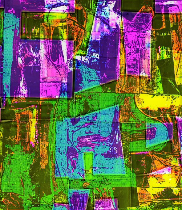 The image features a colorful abstract painting with various shades of green, purple, pink, blue, and orange. The artwork appears to be a collage or mixed media piece that has been edited using Photoshop. The colors used are vibrant and eye-catching, creating an interesting visual effect. The post in question is titled "6/13 17:31 old dai", which could possibly be the artist's name or a description of the image.