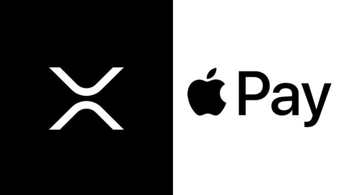 The image shows the XRP logo on the left against a black background, paired with the Apple Pay logo on a white background on the right, visually representing the news that XRP can now be purchased through Apple Pay.