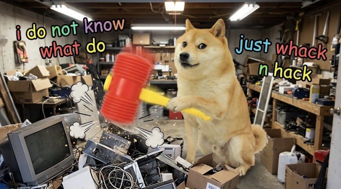 A humorous meme image of a Shiba Inu dog standing on its hind legs holding a red mallet in a cluttered garage, with text reading 'i do not know what do' and 'just whack n hack'.