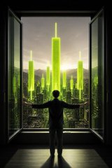 A silhouetted figure stands with arms outstretched before a window framing a vibrant cityscape of glowing green skyscrapers, mirroring the post's vision of $LAIKA rising as a dazzling landmark built through dedication. The futuristic skyline serves as a visual metaphor for the project's ambition to become a shining achievement through persistent effort.