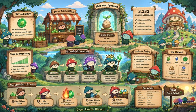 The image illustrates the SporeFolks Journey, a five-step ecosystem (Buy/Claim $SEED, Mint, Burn, Stake & Evolve, Harvest) framed around an 18-Fixed $SEED token model, culminating in NFT specimens that evolve from Sporeling to Bloom to Harvest stages, with 6,666 $SEED per mint and a total supply of 3,333 unique specimens.

This directly reinforces the post's message: 6,666 $SEED unlocks minting, but staking, burning, and harvesting determine how far each SporeFolk specimen evolves.