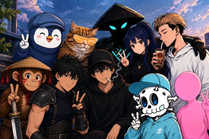 A colorful group illustration featuring various anime-style characters and mascots, including a penguin, a cat with orange sunglasses, a monkey with a sword, a hooded figure with glowing eyes, and a skeleton in a blue cap, all posing together.
