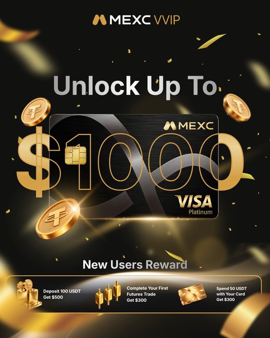 A MEXC VVIP promotional graphic offering new users up to $1000 with a MEXC Visa Platinum card, featuring tasks like depositing 100 USDT and completing futures trades.