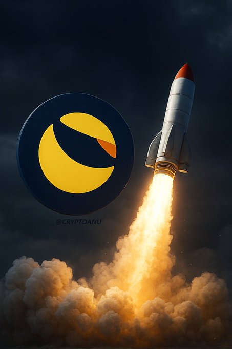 A rocket launches into a dark sky, alongside a yellow Terra (LUNC) cryptocurrency logo with the text "@CRYPTOANU," symbolizing the post's message of a singular, powerful breakout toward the moon for the LUNC token.