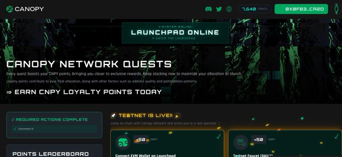Screenshot of a Canopy Network Launchpad page titled 'CANOPY NETWORK QUESTS' promoting CNPY loyalty points for an IDO launch, showing 1,640 points, required actions complete, and a 50 CNPY reward for connecting an EVM wallet.