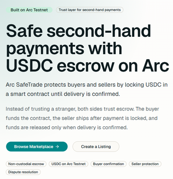 This text-based image is displaying an advertisement promoting an Arc SafeTrade marketplace that allows for second-hand online deals with escrow services. The text emphasizes trust between buyers and sellers, using the example of a buyer trusting a seller by securely transferring funds through escrow, as opposed to the traditional method where the buyer pays first before receiving the product or service.