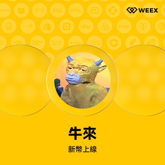 A WEEX exchange promotional image featuring a yellow color scheme with a circular avatar of a creature with blue horns and snout, with Chinese text '牛來' (Bull is coming) and '新幣上線' (New coin listing).