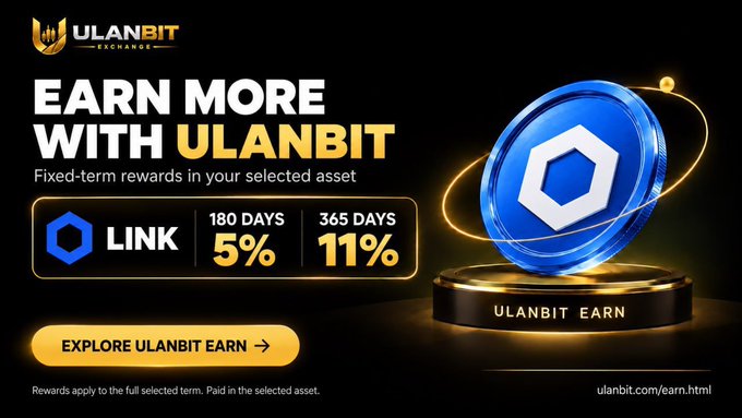 UlanBit Exchange advertisement promoting fixed-term LINK staking rewards of 5% for 180 days and 11% for 365 days, directing users to ulanbit.com/earn.html.