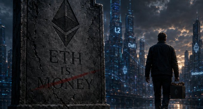 The image features a man walking away from an old, rusted coin with the words "ETH IS MONEY" written on it. The scene takes place in front of a city skyline at night, which includes tall buildings illuminated by blue lights. In the background, there is a bridge and a river, adding to the urban atmosphere. The image also contains text that reads "bankless david Hoffman".