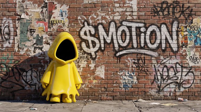 A yellow hooded figure resembling a faceless character stands before a brick surface covered in graffiti, including the prominent word "$MOTION".
