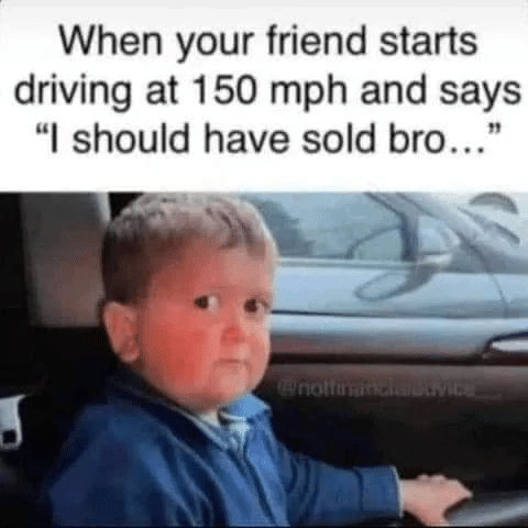 A meme showing a worried child in a car with text reading "When your friend starts driving at 150 mph and says 'I should have sold bro...'", humorously relating to the post's suggestion that $PHNIX's rapid growth via Risepad on XRP mirrors an unsustainable high-speed ride that holders may regret not selling during.