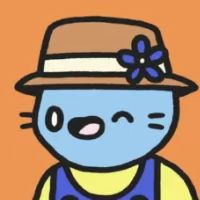 A simple cartoon drawing of a blue smiling character wearing a hat with a flower and blue overalls against an orange background.