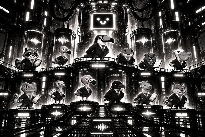 A black and white stylized image depicting animals in business suits working at computers in a futuristic industrial setting, with a glowing smiley face screen at the top center.