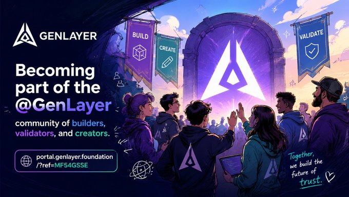 A vibrant promotional graphic for GenLayer invites viewers to join its community of builders, validators, and creators, featuring a futuristic portal surrounded by diverse people and banners labeled "BUILD," "CREATE," and "VALIDATE," with the tagline "Together, we build the future of trust." The image reinforces the post's message by showcasing the collaborative spirit at portal.genlayer.foundation/?ref=MF54GSSE.