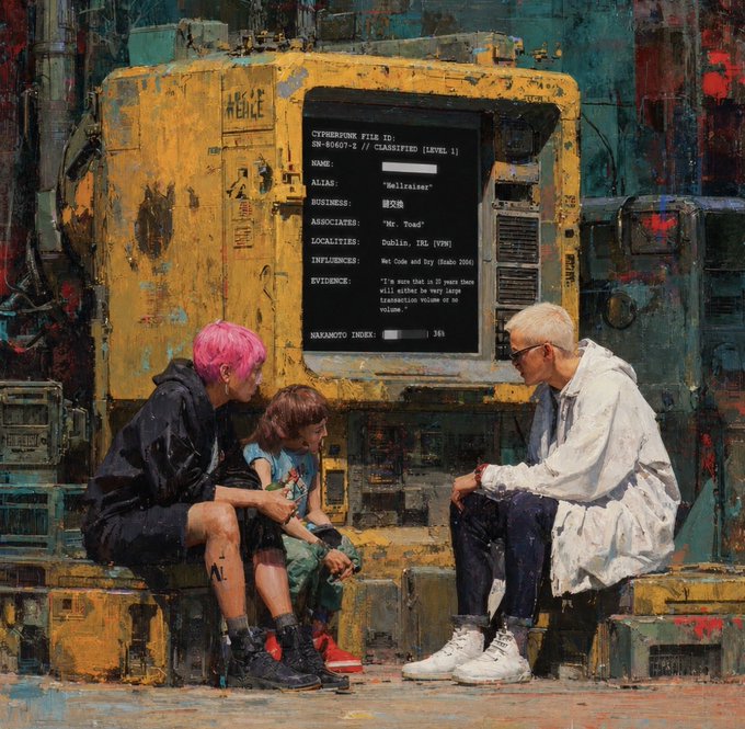 A cyberpunk-style digital painting depicts a pink-haired person, a child, and a person in a white coat sitting in front of a yellow terminal displaying classified information as a text file.