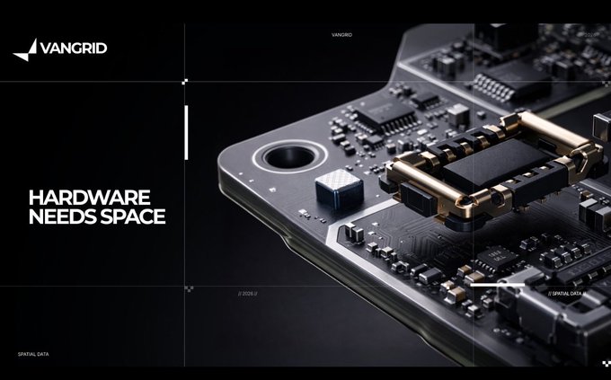 A sleek tech advertisement with the text 'VANGRID' and 'HARDWARE NEEDS SPACE', showing a close-up of a high-tech circuit board with gold components.
