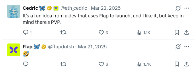 A screenshot of a social media exchange where user @eth_cedric comments "It's a fun idea from a dev that uses Flap to launch, and I like it, but keep in mind there's PVP," replying to @flapdotsh whose original post received 1.7K views. The caption's note about "shade" likely refers to the subtle dig embedded in Cedric's reply about competitive dynamics in the Flap ecosystem, with the wallet address as the user's signature.
