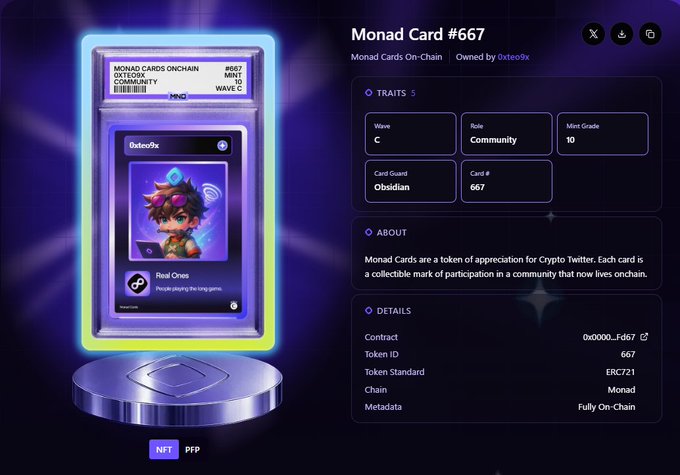 A digital 'Monad Card #667' NFT owned by 0xteo9x, featuring an anime-style character, with traits including Wave C, Role Community, and Card Guard Obsidian, listed on the Monad chain.