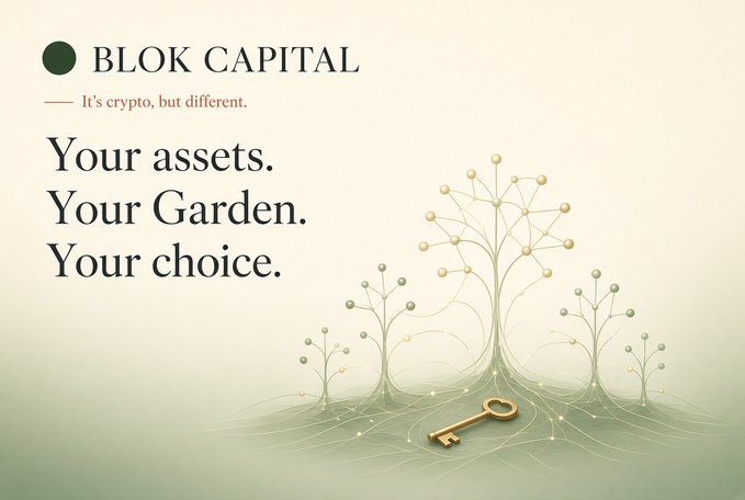 A minimalist, elegant advertisement for 'BLOK CAPITAL' with the tagline 'Your assets. Your Garden. Your choice.' next to an illustration of stylized trees and a key.