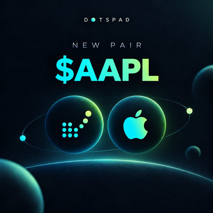 A dark, futuristic graphic from 'DOTSPAD' featuring glowing spheres; one contains a grid logo and the other the Apple logo, with the text 'NEW PAIR $AAPL' above them.