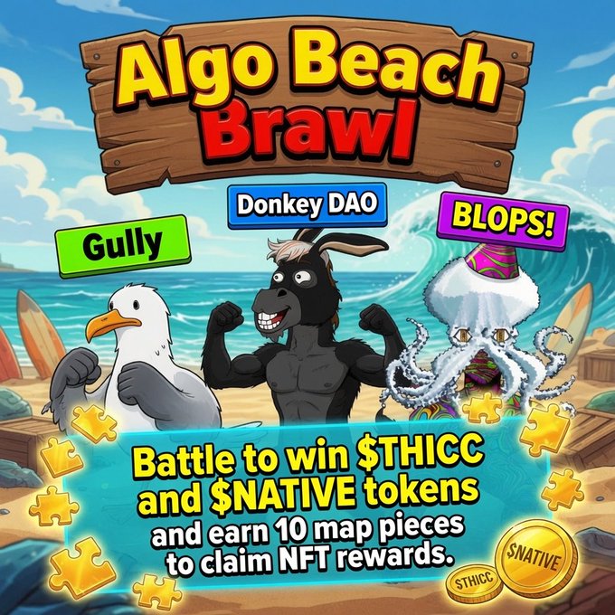 A colorful "Algo Beach Brawl" poster features the characters Gully, Donkey DAO, and BLOPS! on a beach setting, advertising a battle for holders of these three Algorand projects to compete for $THICC and $NATIVE tokens plus 10 map pieces for NFT rewards.