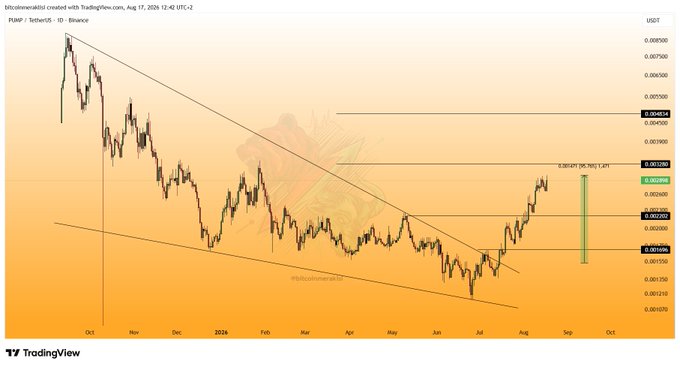 The image displays a TradingView daily chart for PUMP/USDT on Binance (dated August 17, 2024), showing a descending wedge breakout with the recent rally highlighted, including a marked zone projecting a potential 207% gain toward $0.004174, which aligns with the post celebrating a 2X rise and outlining further upside targets.