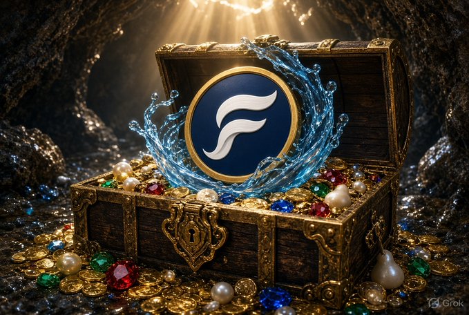 A fantasy artwork depicting an open treasure chest overflowing with gold coins, jewels, and pearls, with a blue Stellar (XLM) cryptocurrency coin floating out amid light beams.