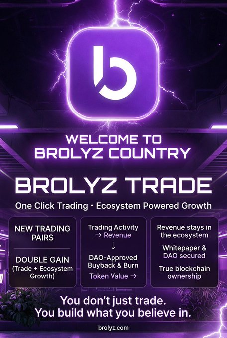 A purple-themed promotional poster welcoming viewers to 'BROLYZ COUNTRY' and introducing 'BROLYZ TRADE' with features like One Click Trading, Double Gain, DAO-Approved Buyback & Burn, and revenue retention at brolyz.com.