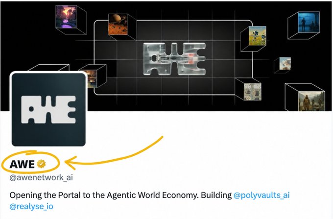 A promotional graphic for AWE (@awenetwork_ai) features a dark tech-themed layout with floating cubes and the tagline "Opening the Portal to the Agentic World Economy. Building @polyvaults_ai @realyse_io."