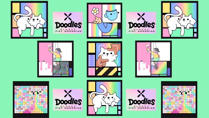 The image features a collection of nine different cat illustrations, each with unique characteristics such as color or size. The cats include a white one, a pink one, and other colors like blue, green, and purple. They are arranged in a grid-like pattern on a light green background, creating an appealing visual effect. The post also includes text that reads "My 9 revealed! Including a Holo physical! What an incredible experience created by @doodles @elmonx official & the Mondrian Estate!". This suggests that the image is related to a social media post or advertisement promoting a product or service involving cats and their unique features, possibly for a company like @doodles.