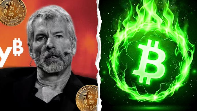 A split image featuring a bearded man (resembling Michael Saylor) on the left against a red background with Bitcoin coins, and a Bitcoin logo surrounded by green flames on the right.