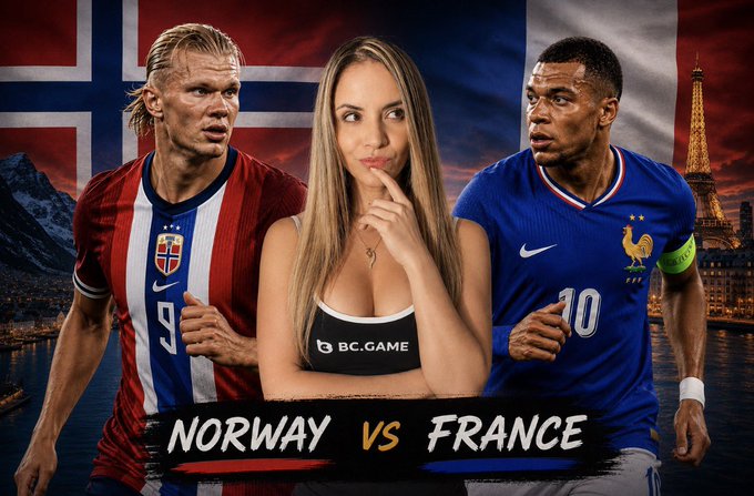 A promotional graphic featuring a woman in a BC.Game-branded top flanked by Norway's #9 (Haaland) and France's #10 (Mbappé), with "NORWAY VS FRANCE" displayed against national flag backgrounds, advertising a betting preview tied to the accompanying post's placed wagers.