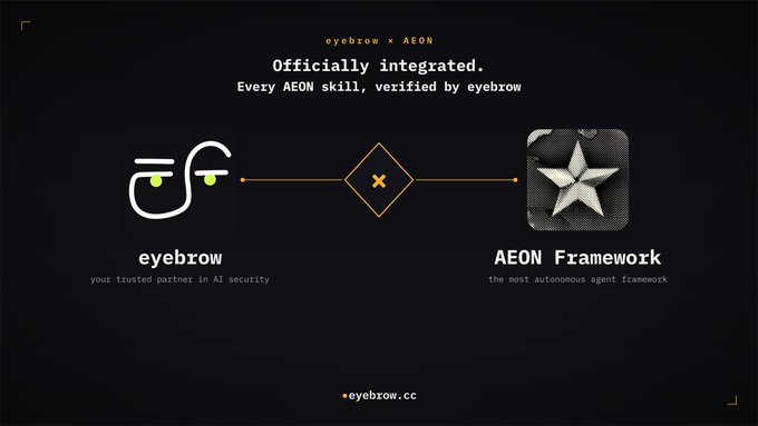 A dark promotional graphic announcing 'eyebrow x AEON - Officially integrated. Every AEON skill, verified by eyebrow' featuring logos for eyebrow (described as 'your trusted partner in AI security') and AEON Framework (the autonomous agent framework), with eyebrow.cc at the bottom.