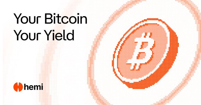 An advertisement banner featuring a large orange Bitcoin coin graphic with the text 'Your Bitcoin Your Yield' and the 'hemi' logo in the lower left corner.