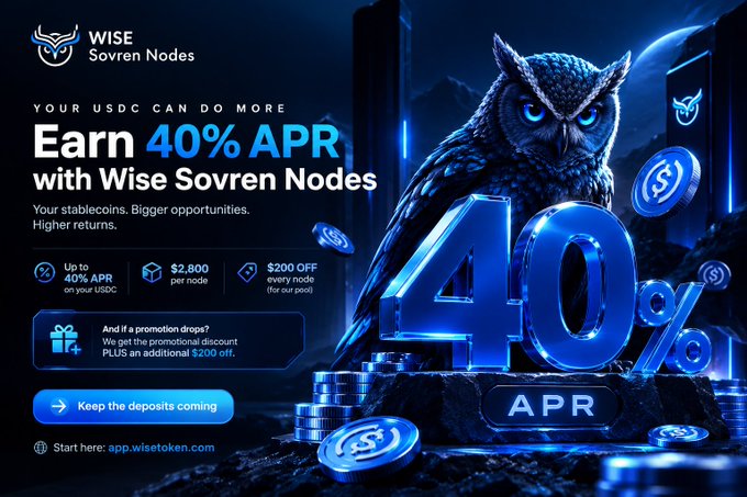 A digital advertisement for 'Wise Sovren Nodes' features a glowing blue owl and promotes 'Earn 40% APR' with USDC, highlighting 'Up to 40% APR on your USDC' and '$2,800 per node'.