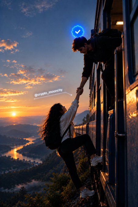 A romantic scene showing a man on a train reaching down to help a woman climb aboard, set against a sunset landscape with a river valley, with a blue checkmark icon and the text '@crypto_mooncity' visible.