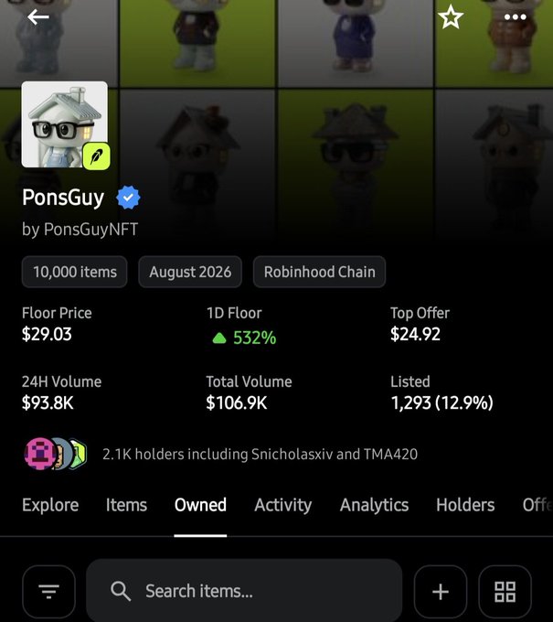 A mobile screenshot of an NFT collection called 'PonsGuy' by PonsGuyNFT on Robinhood Chain, showing 10,000 items with a floor price of $29.03 and 24H volume of $93.8K.