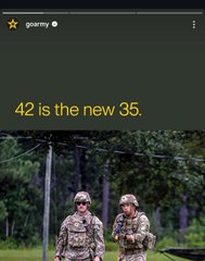 A screenshot from the app 'gossipy' featuring yellow text '42 is the new 35.' over an image of two soldiers in camouflage gear standing outdoors.