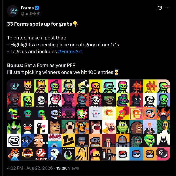 A tweet from 'Forms @ord9882' announces 33 Forms spots are up for grabs, requiring posts highlighting 1/1s and tagging #FormsArt, with a grid of pixel art avatars displayed below.