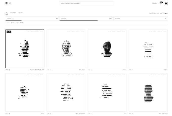 A screenshot of the Async Art interface displaying 1,299 upcoming pieces pending claim, including NFTs like "VISUALIZE VALUE NFT," "IDENTITY," and "DESIGN" priced at 0.62 ETH each, aligning with the post about the 1,299 pending KYC claims to be settled in 30 minutes.