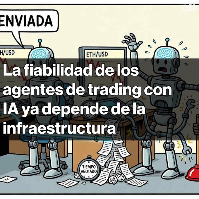 A Spanish cartoon showing two AI trading bots with screens displaying 'ETH/USD' and a 'TIEMPO AGOTADO' timer, overlaid with text reading 'La fiabilidad de los agentes de trading con IA ya depende de la infraestructura'.