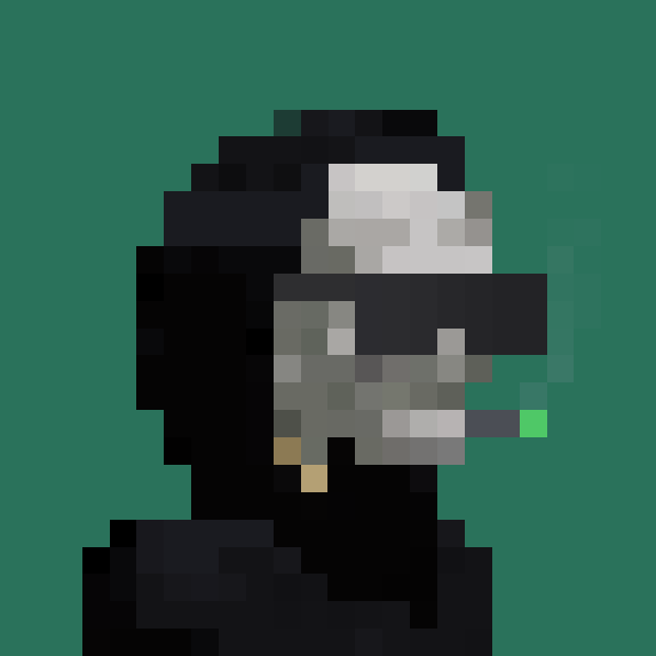 A pixel art illustration showing a figure in a black hood holding a silver handgun with a green tip, set against a green background.