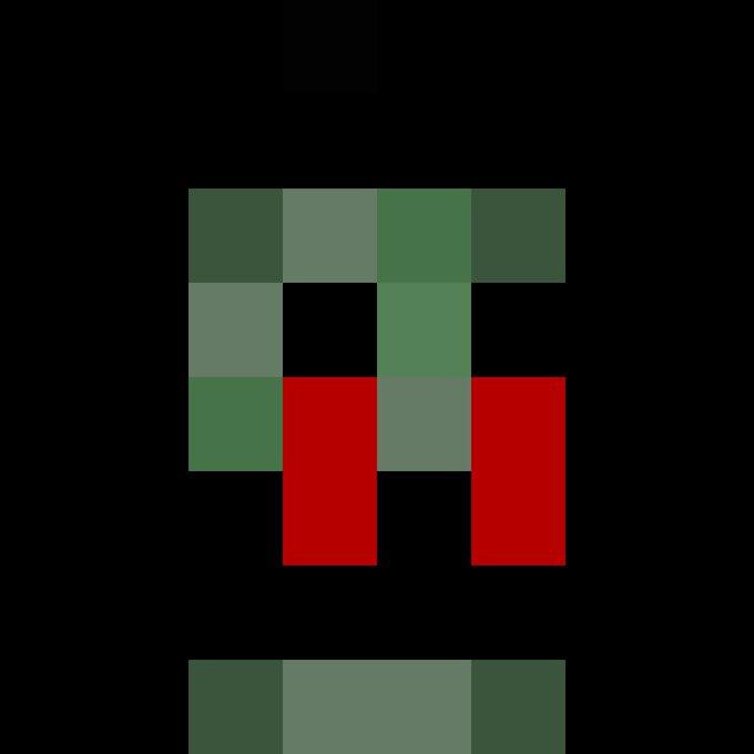 A pixel art character made of green and red squares on a black background, appearing to be a stylized figure or creature.