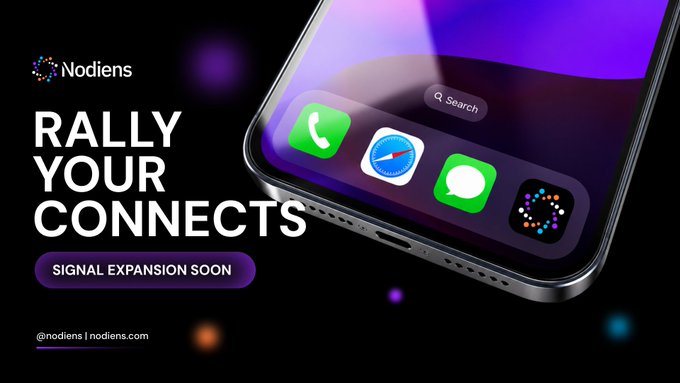 A promotional graphic for Nodiens displays the text 'RALLY YOUR CONNECTS' and 'SIGNAL EXPANSION SOON' alongside an image of a smartphone screen featuring app icons.