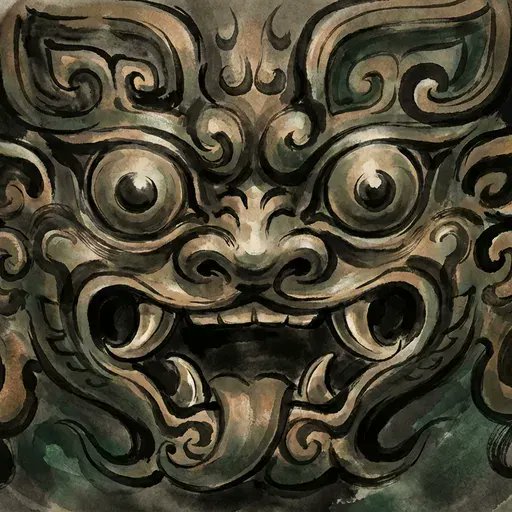 An ornate, metallic mask-like face with bulging eyes, sharp teeth, and swirling cloud patterns, rendered in bronze and silver tones.