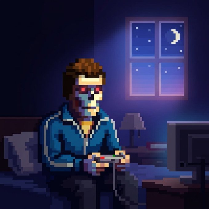 Pixel art style image of a young man with brown hair and glowing red eyes wearing a blue hoodie, playing a video game controller in a dark room illuminated by moonlight through a window showing a crescent moon.
