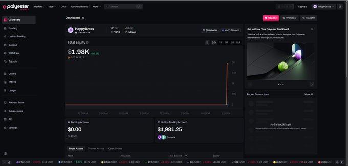 A cryptocurrency dashboard on Polyester showing a token called 'HappyVirus' with Total Equity of $1.98K, a -53.12% drop, and an account balance of $1,981.25.