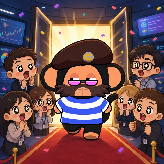 A colorful cartoon illustration of a monkey-like character wearing a beret and sunglasses walking down a red carpet, surrounded by adoring fans and confetti.